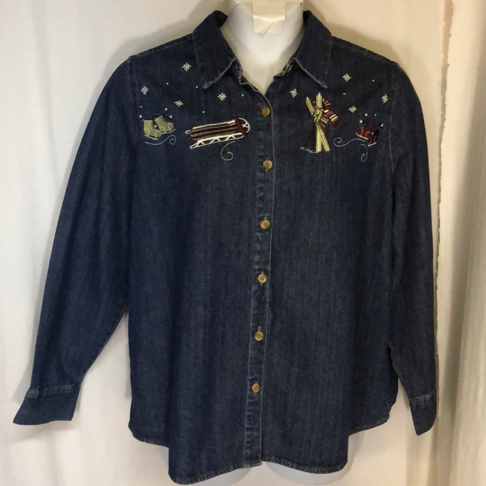 CJ Banks 1x Denim Top Ice Skates Sleds Snowflakes